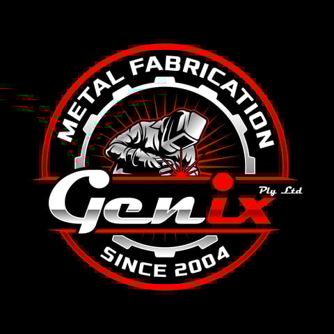 Genix Pty Ltd metal fabrication logo featuring a welder and red circular design, established since 2004