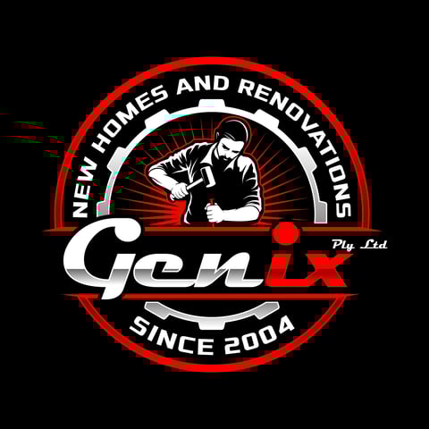 GenLx Pty Ltd logo featuring a builder with tools inside a red circular badge, with text New Homes and Renovations Since 2004